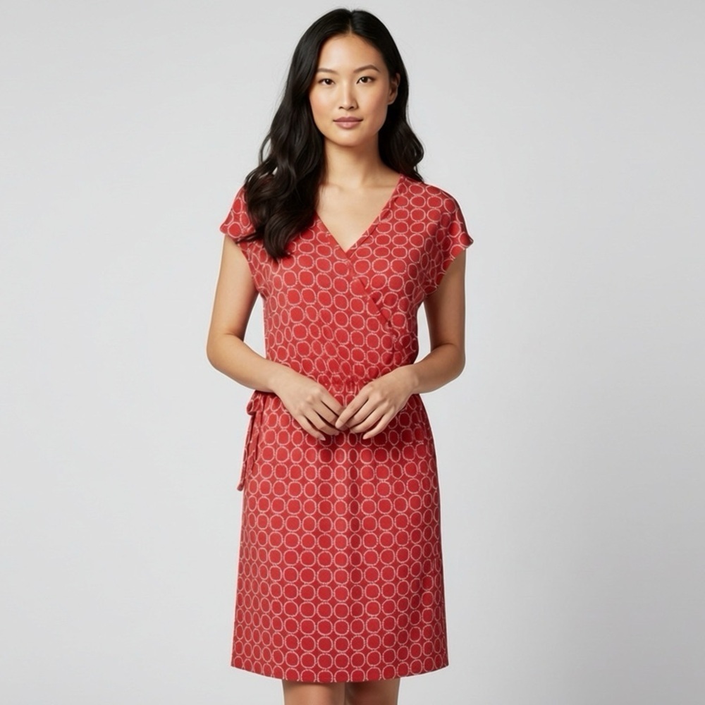 Banana Republic Red Geometric Wrap Dress Short Cap Sleeves Coastal Preppy Sz S